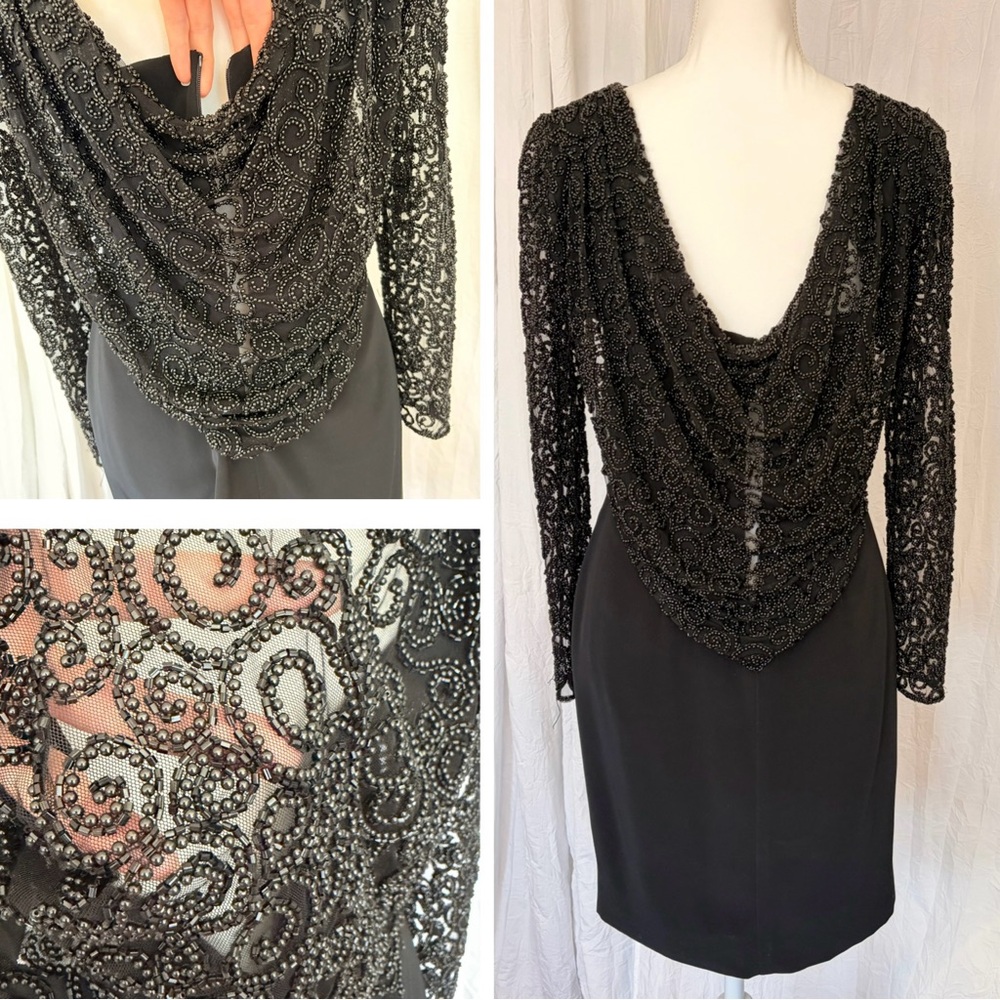 Vintage Oleg Cassini Black Tie Beaded Lace 90s Draped Back Cocktail Dress Sz 6